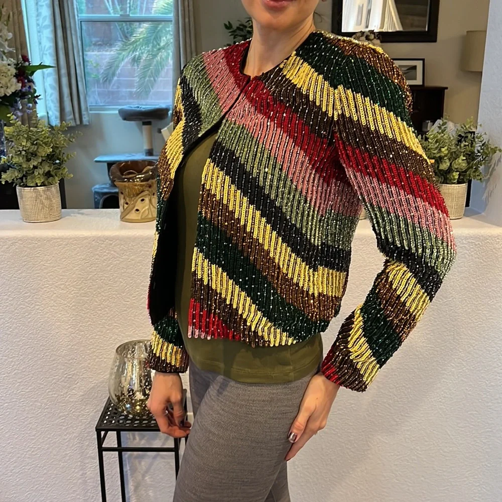 SOLD NWT Alice + Olivia Sequin & Beaded Jacket with Multi Colored Block Small - Picture 3 of 15